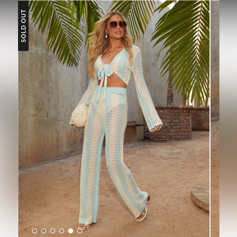 Vici’s Seychelles Crochet Striped Coverup Tie Top and Flare Pants